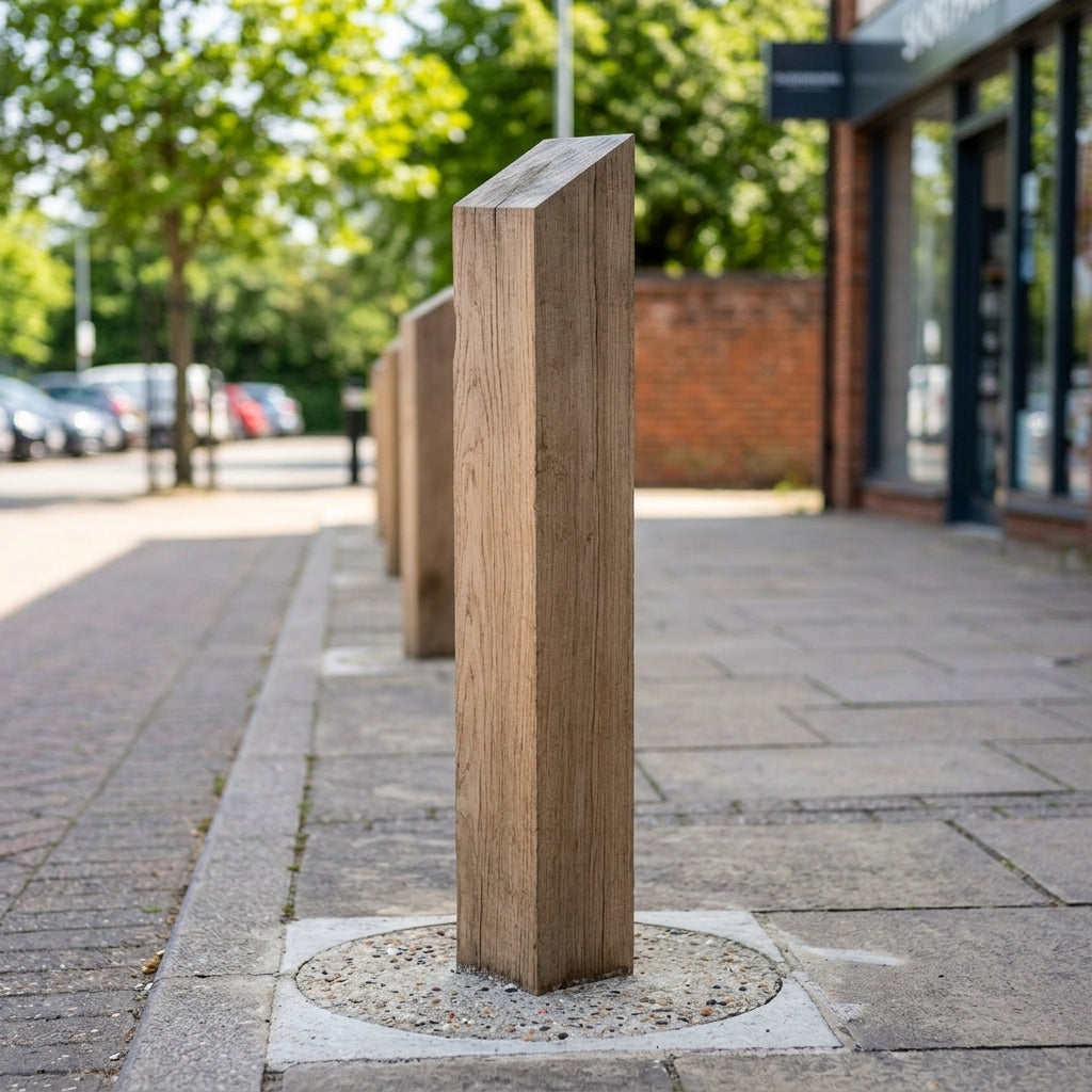 Solid oak timber bollard with weathered top finish