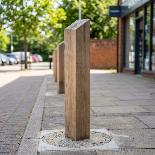 Solid oak timber bollard with weathered top finish