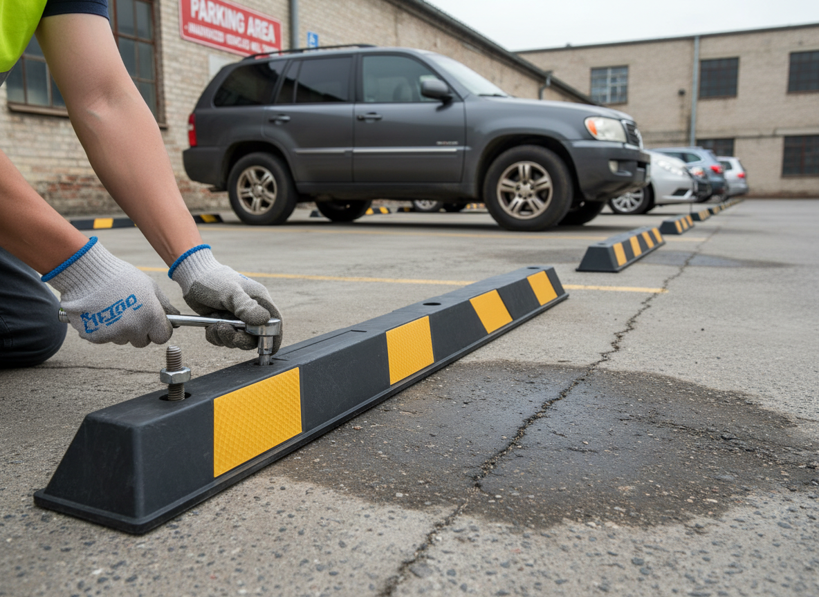 Premium Reflective Kerb Stopper with Yellow Chevrons for Enhanced Visibility, M12 x 200mm Fixings