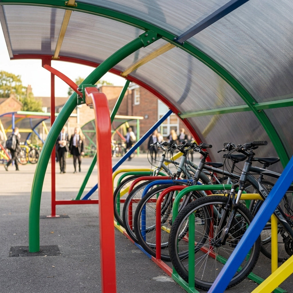 10-Cycle Shelter with Racks – Multi-Colour Design (view 2)