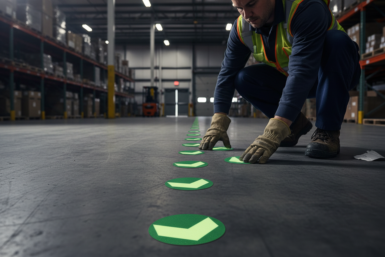 Premium Glow in the Dark Arrows - 100mm Self-Adhesive Discs for Safety Guidance in Low-Light Areas, Pack of 10