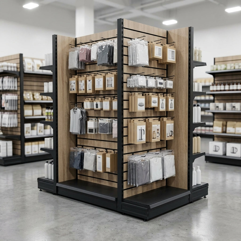 1.4m Wood Effect Double-Sided Gondola Display Bay 500–1000mm