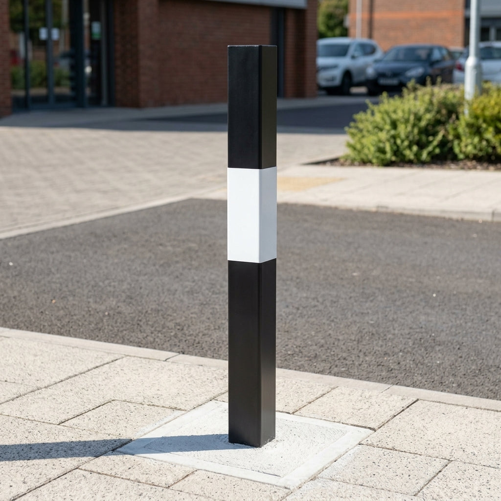 1000mm Square Steel Bollard – Black with White Band