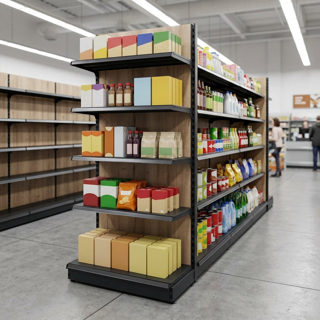 1.6m High Double-Sided Gondola Shelving Bay, Wood Effect