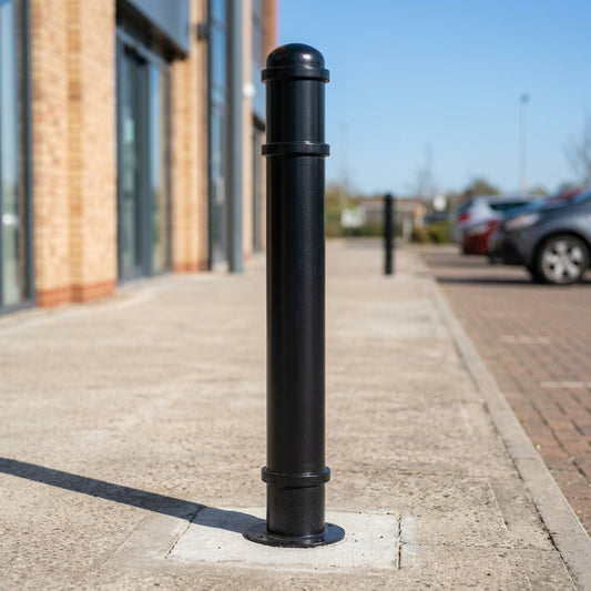 Ornamental mild steel bollard with cap and rings, galvanised