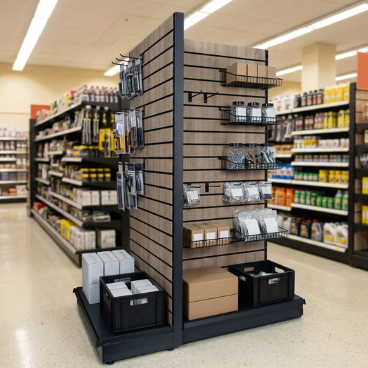 1.8m Wood Effect End Bay Display – 370mm Base Shelf