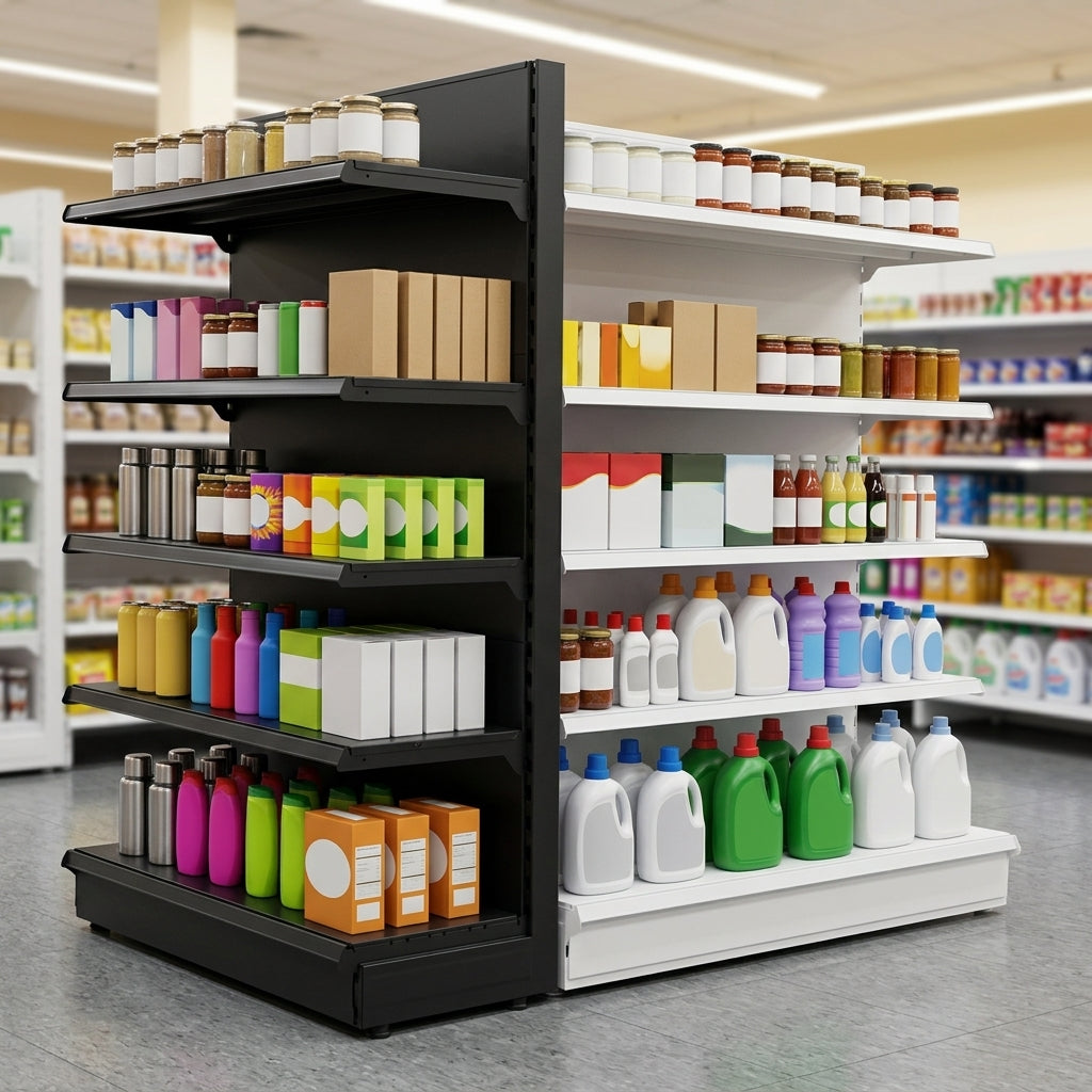 2.4m End Promo Bay 370mm Base 300mm Uppers Retail Shelving