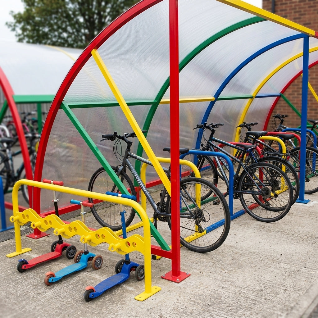 20-bike cycle shelter with scooter rack, 8.15m × 2.1m (view 2)