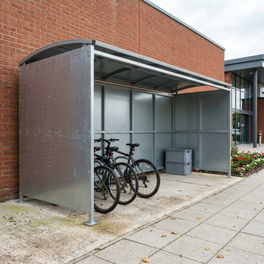 2m deep free-standing storage shelter, galvanised steel, 1–5m wide