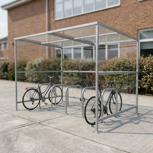 10-cycle shelter with Sheffield rack, galvanised steel frame