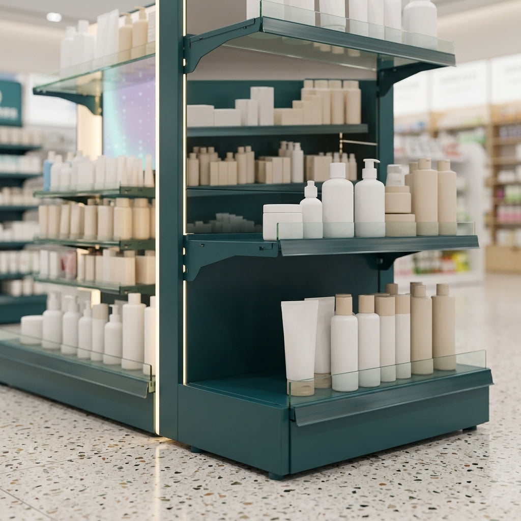 Premium pharmacy gondola island with LED lateral panel lighting (view 2)