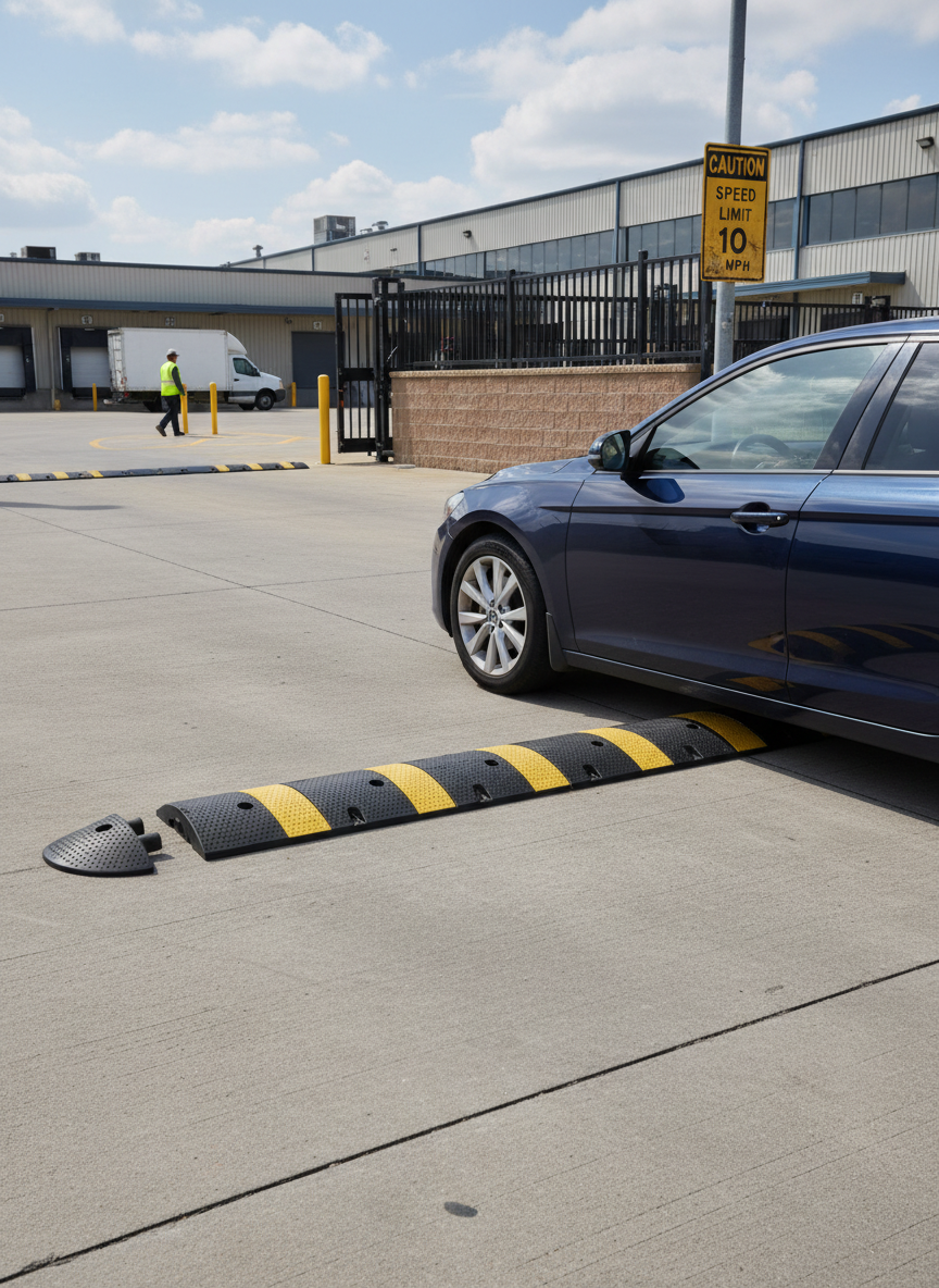 Premium Durable Speed Bump 300 x 50 x 1830 mm - Heavy Duty Rubber Construction with Embedded Reflectors for Traffic Control