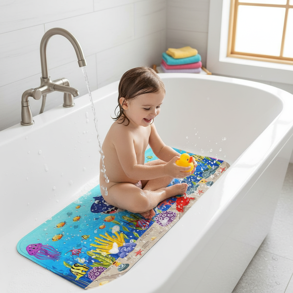 Premium Extra Large Non-Slip Kids Bath Mat with Ocean Theme, Suction Cups, and Efficient Drainage System - Machine Washable for Safety