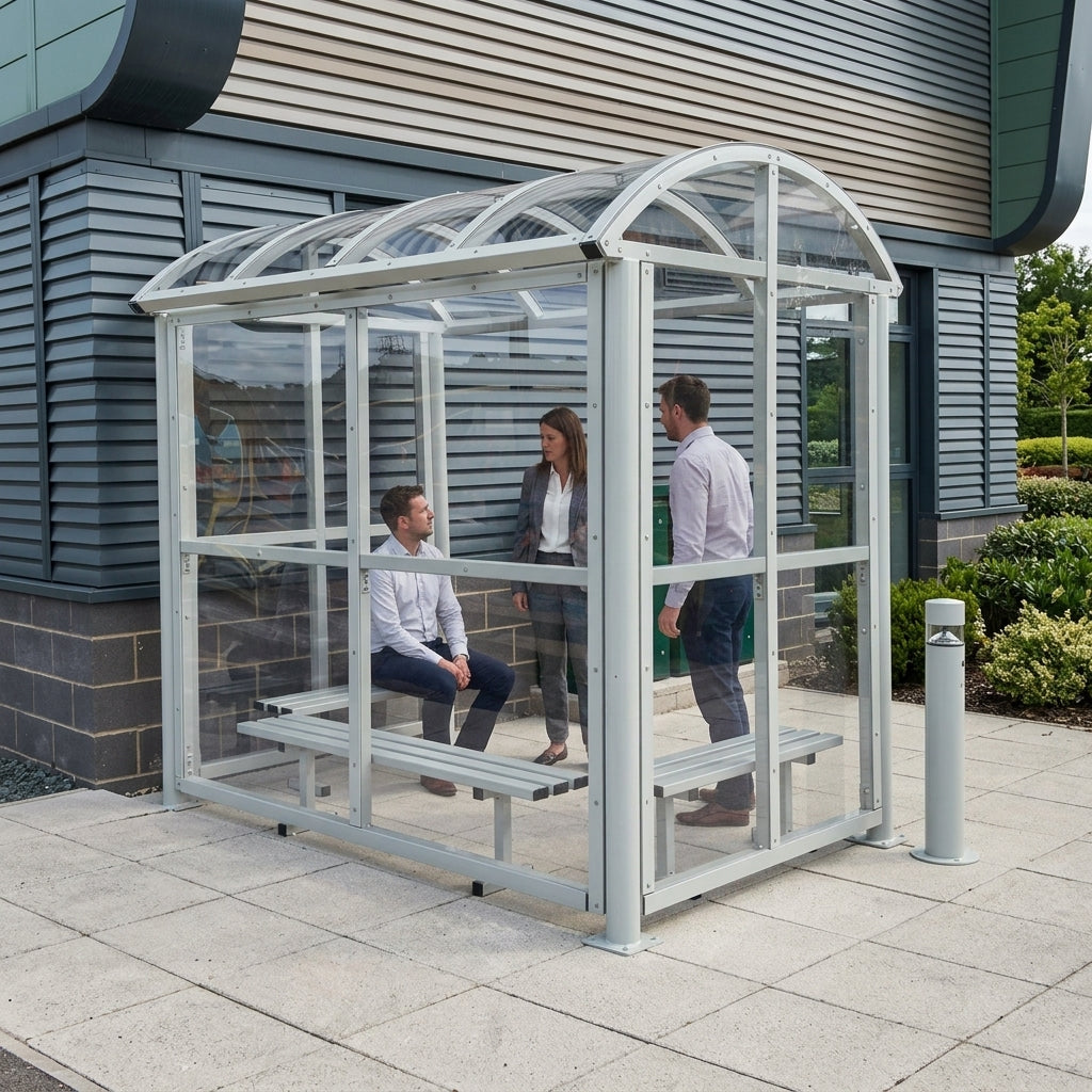 1560mm deep smoking shelter, 2.5m–7.5m lengths, steel frame