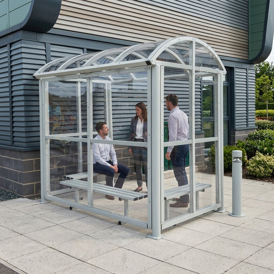 1560mm deep smoking shelter, 2.5m–7.5m lengths, steel frame