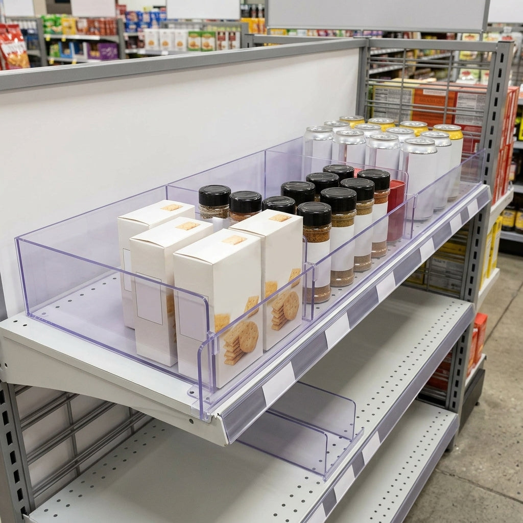 Acrylic shelf dividers 250–570 mm widths clear finish