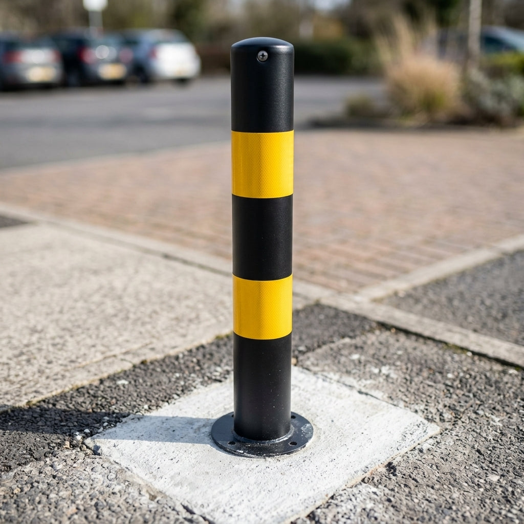 1000mm Galvanised Mild Steel Bollard, Black with Yellow Bands (view 2)