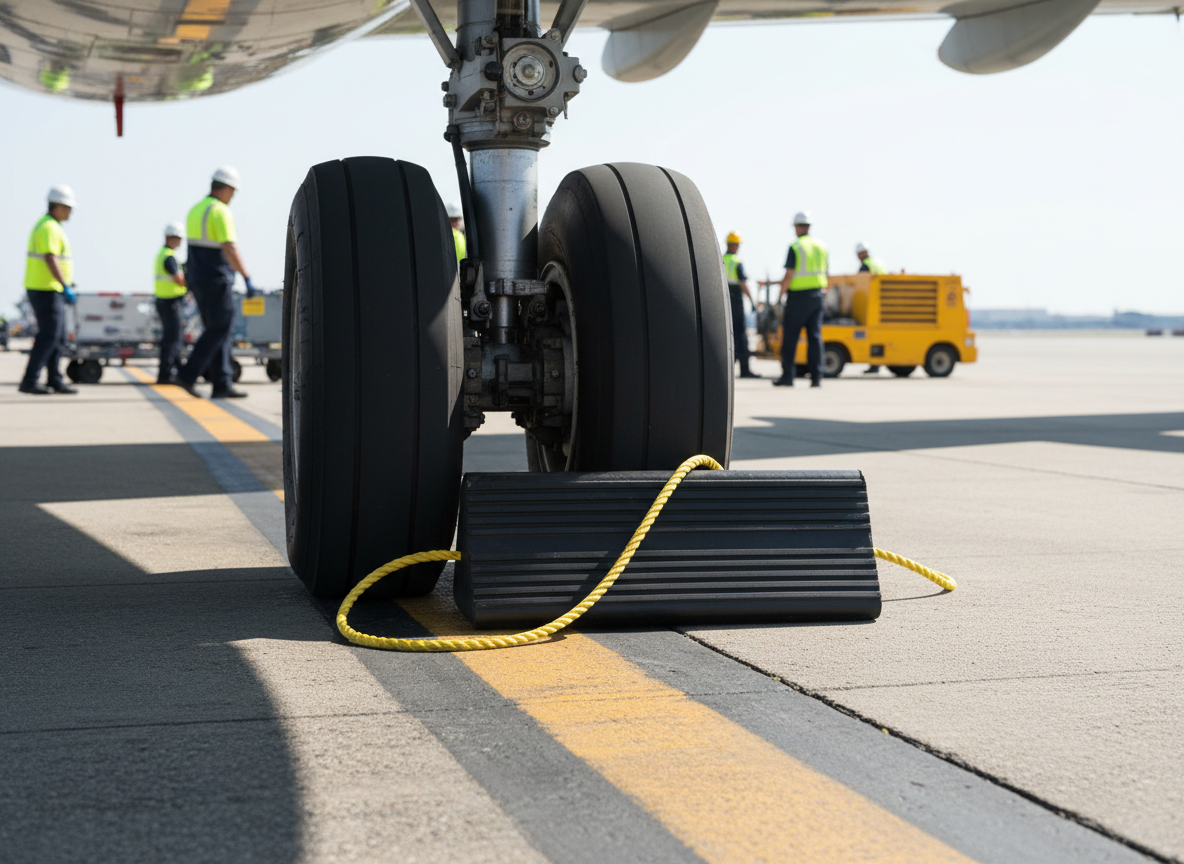 Premium Heavy Duty Rubber Aircraft Wheel Chock with Yellow Rope, 225 x 195 x 500 mm, 21 kg for Aircraft Safety