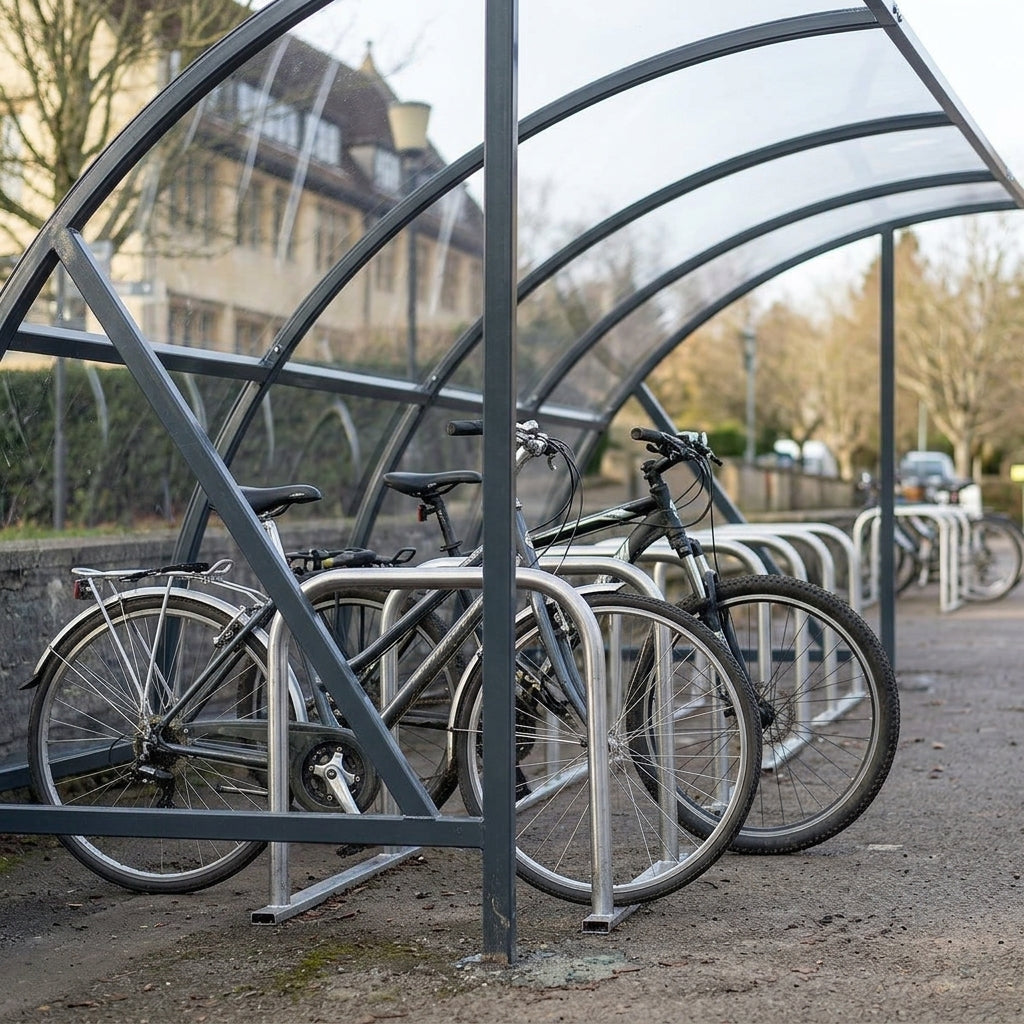 24-space cycle shelter with steel frame and UV2 PetG roof (view 2)