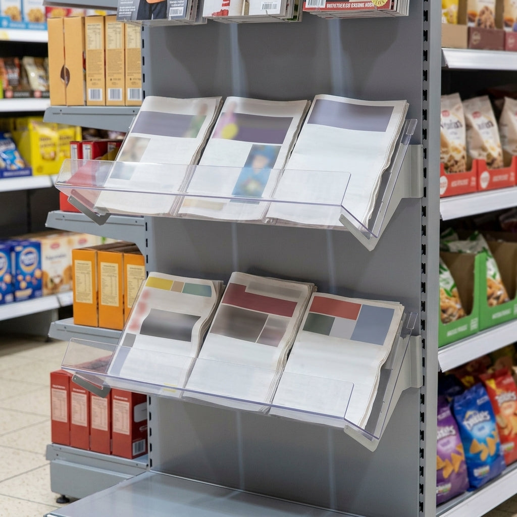 Single-tier acrylic newspaper shelf – 665–1250mm widths
