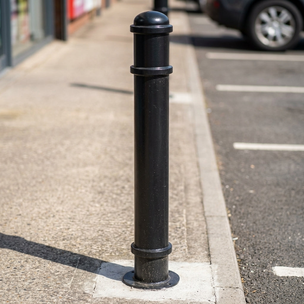 Ornamental mild steel bollard with cap and rings, galvanised (view 2)
