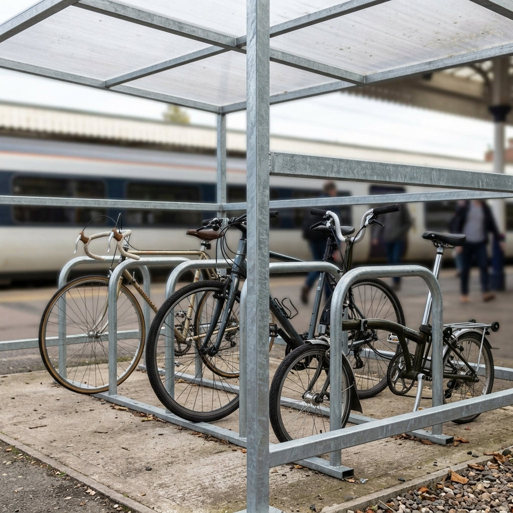 10-cycle shelter with Sheffield rack, galvanised steel frame (view 2)