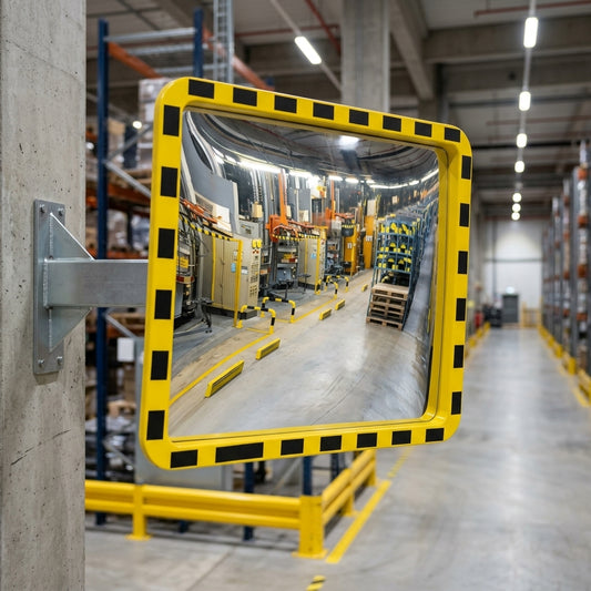 Industrial duty square mirror with yellow/black surround