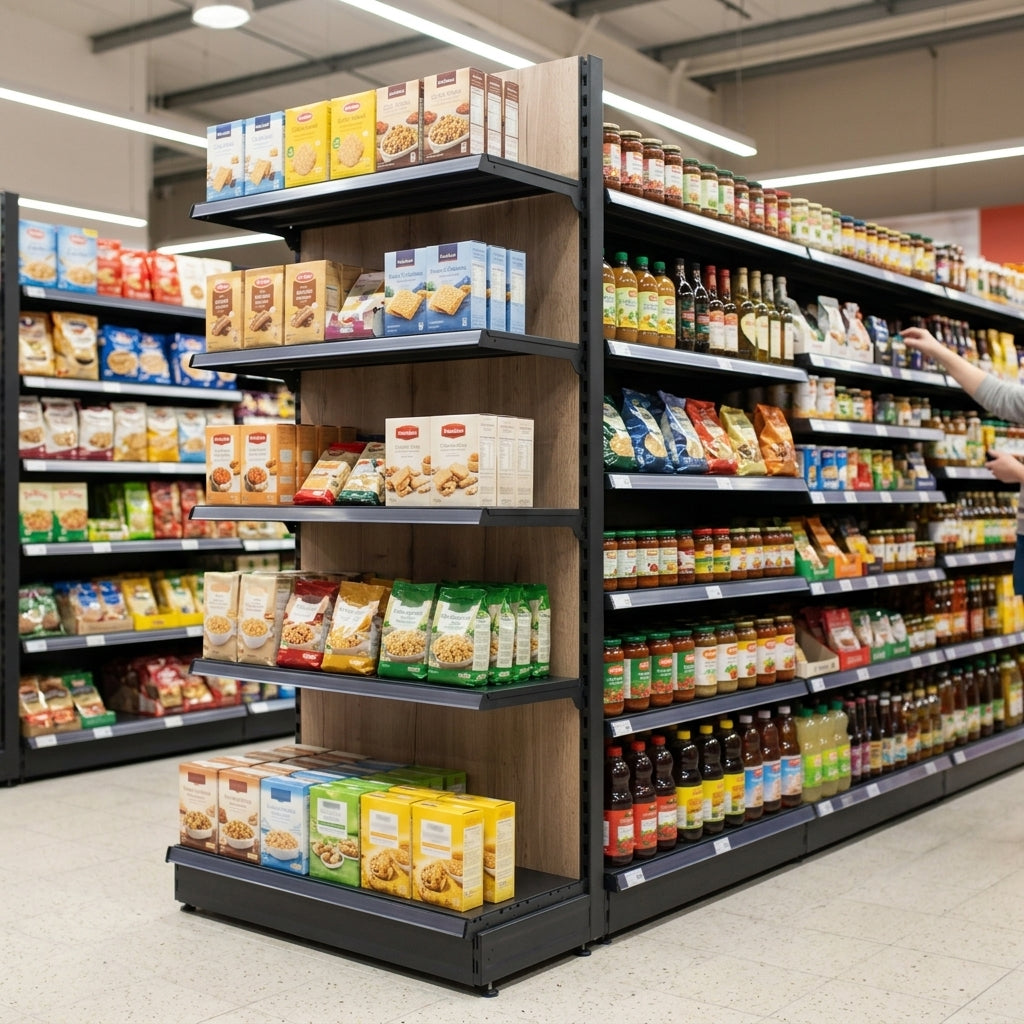 2.4m High Double-Sided Gondola Shelving Bay, Wood Effect