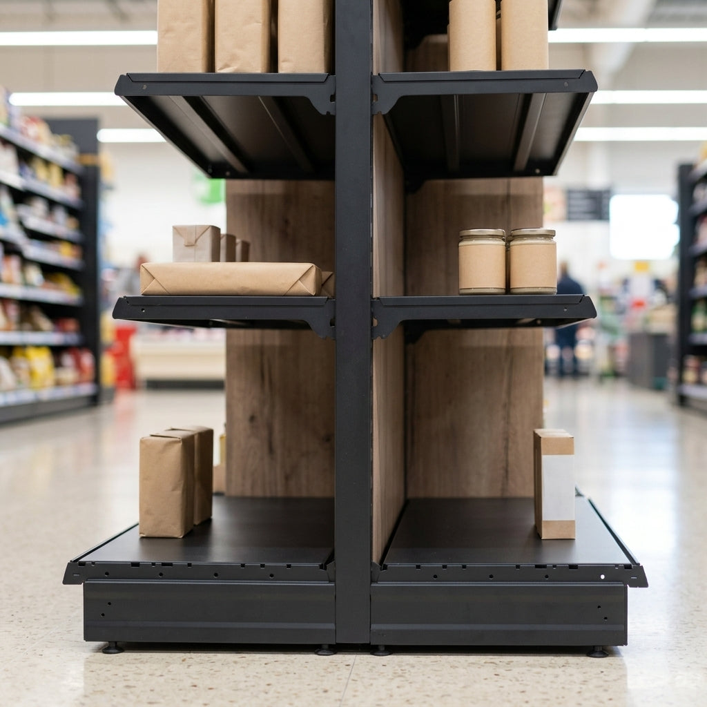 1.4m High Double-Sided Gondola Shelving Bay | 300mm Base | Wood Effect (view 2)