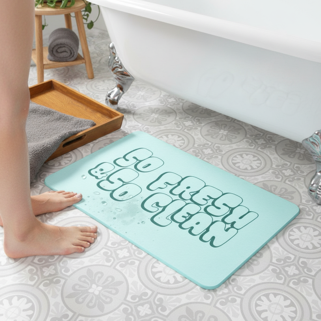 Premium Aqua Blue Non-Slip Bath Mat 16x28 Inches - Soft Microfiber with Funny 'So Fresh & So Clean' Inscription - Perfect Housewarming Gift