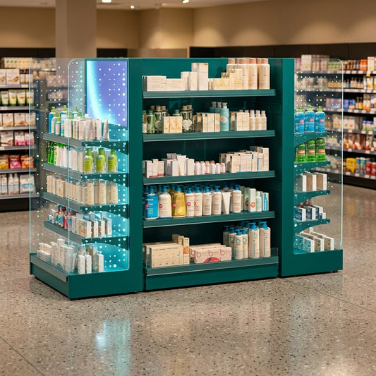 Premium pharmacy gondola island with LED lateral panel lighting