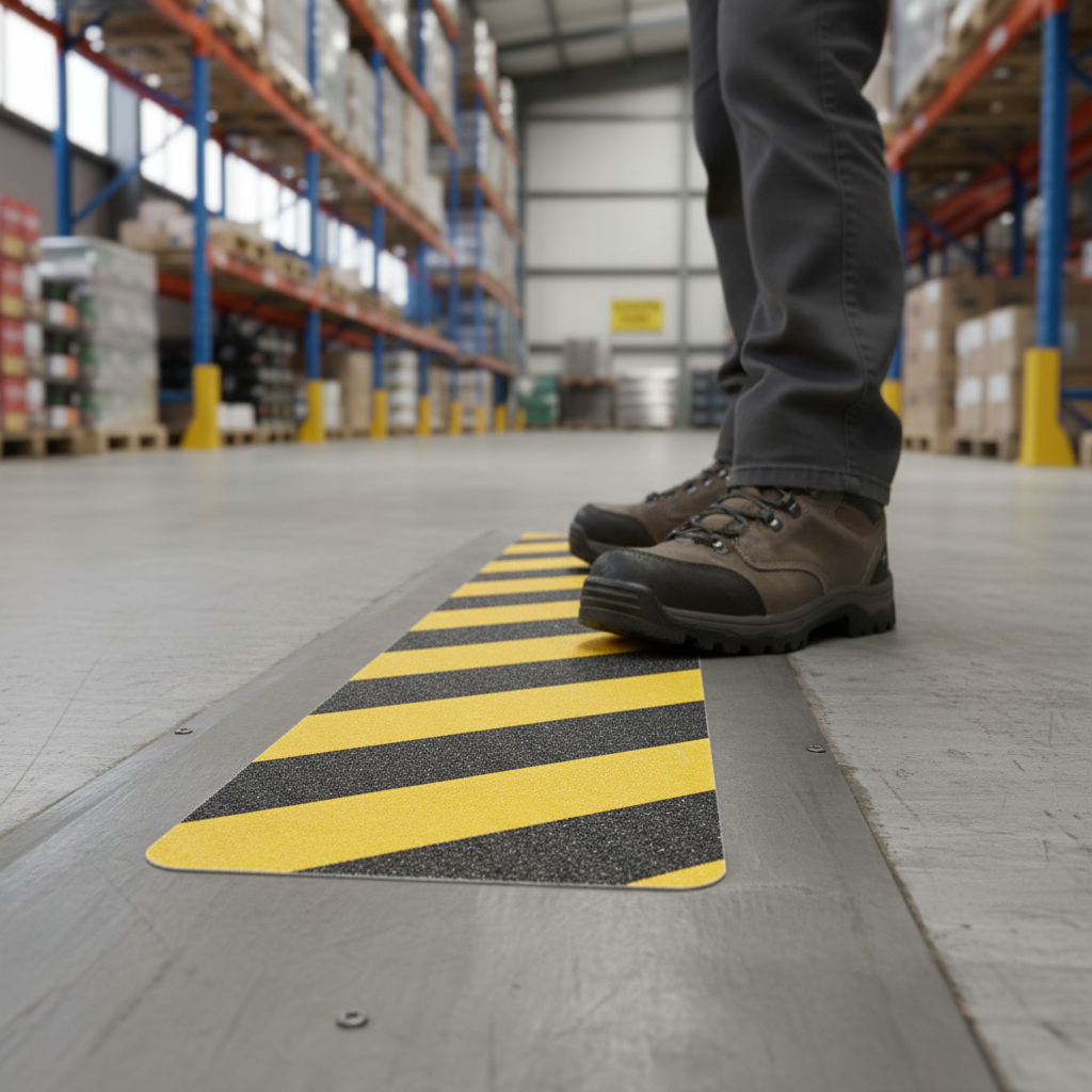 High-Performance Anti-Slip Pre-Cut Tile Tread in Hazard Yellow & Black - 150mm x 610mm for Safety and Visibility