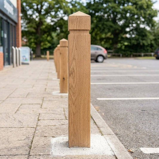 Solid oak timber bollard with pyramid top, 900–1500mm