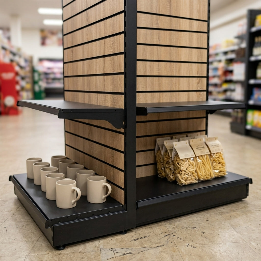 2.4m Wood Effect End Bay Display | 300mm Base Shelf (view 2)