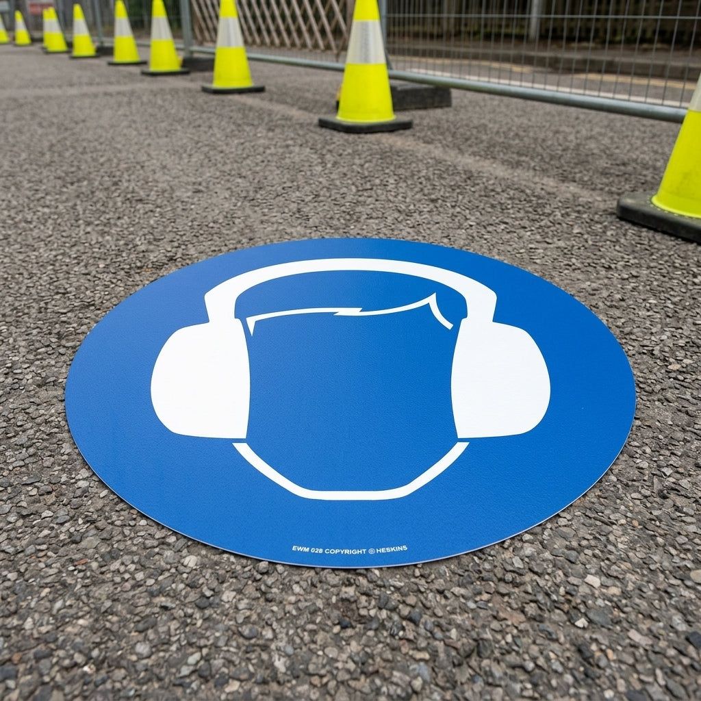 430mm floor sign ear protection blue/white self-adhesive vinyl