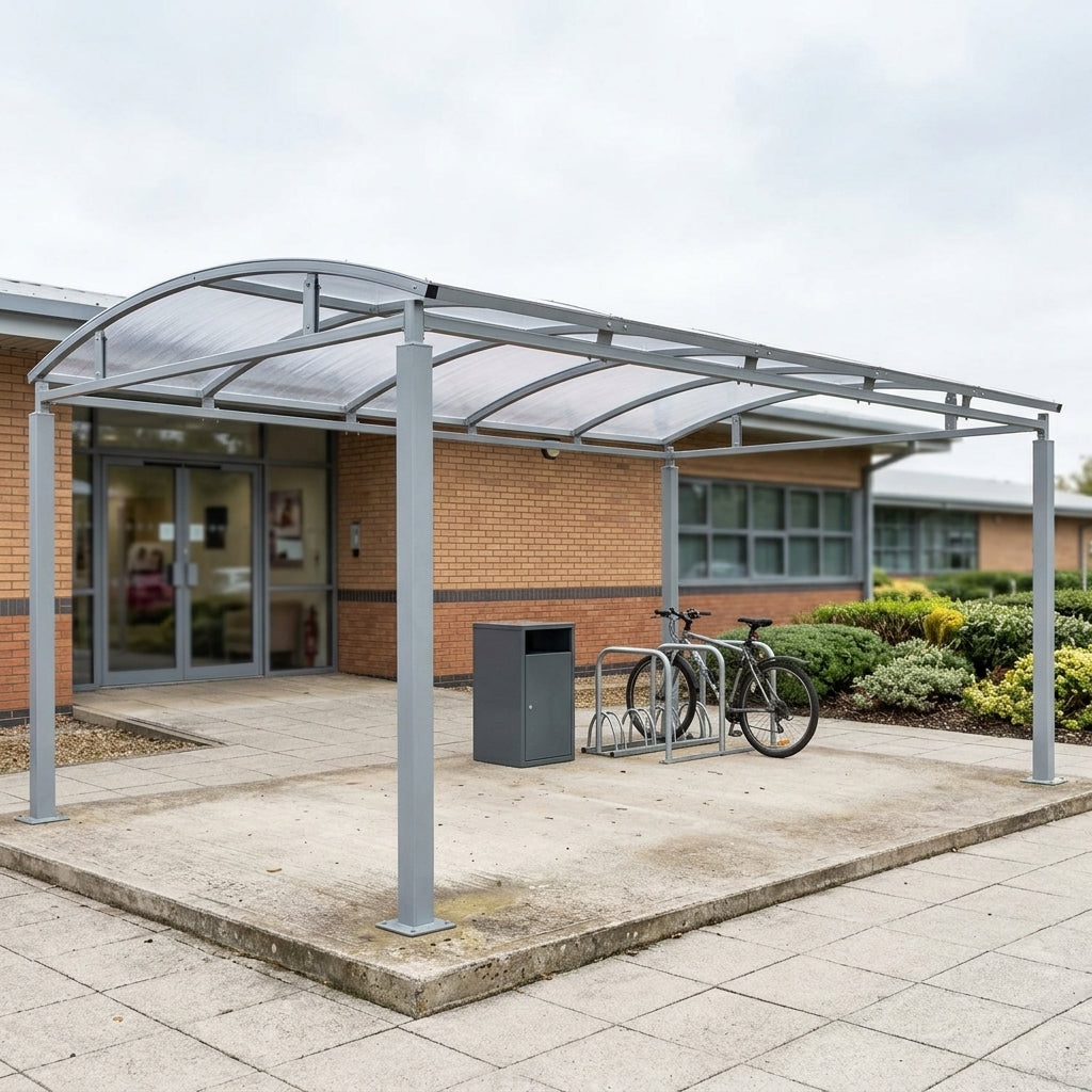 3m wide multi-purpose shelter with curved PETG roof, 1-5m lengths