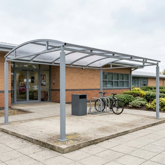 3m wide multi-purpose shelter with curved PETG roof, 1-5m lengths