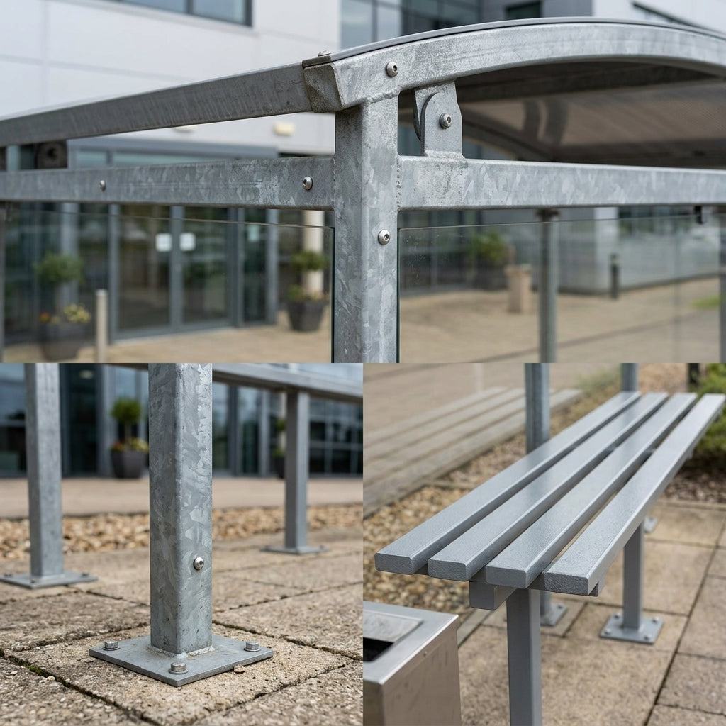 2m wide galvanised steel open-front smoking shelter with clear panels (view 2)
