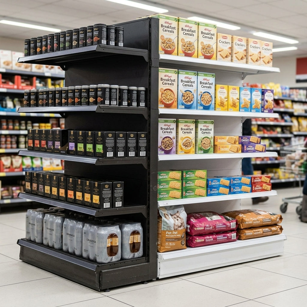 2.4m End Promo Bay with 300mm Base Shelf – Multiple Widths