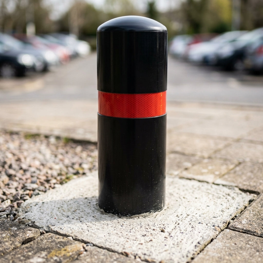Steel-cored polyurethane bollard with reflective bands (view 2)
