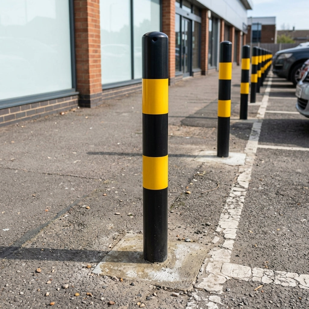 1000mm Galvanised Mild Steel Bollard, Black with Yellow Bands