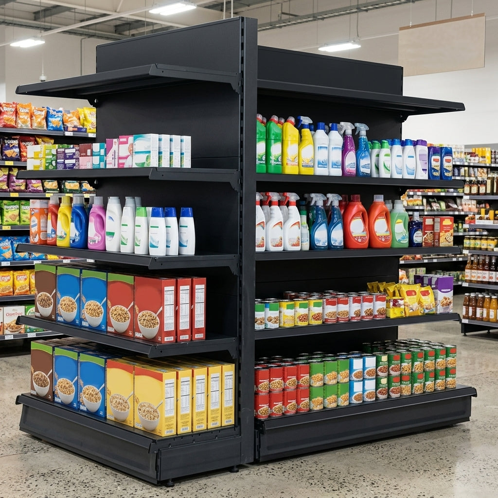 2.1m End Promo Bay with 570mm Base Shelf – Multiple Widths