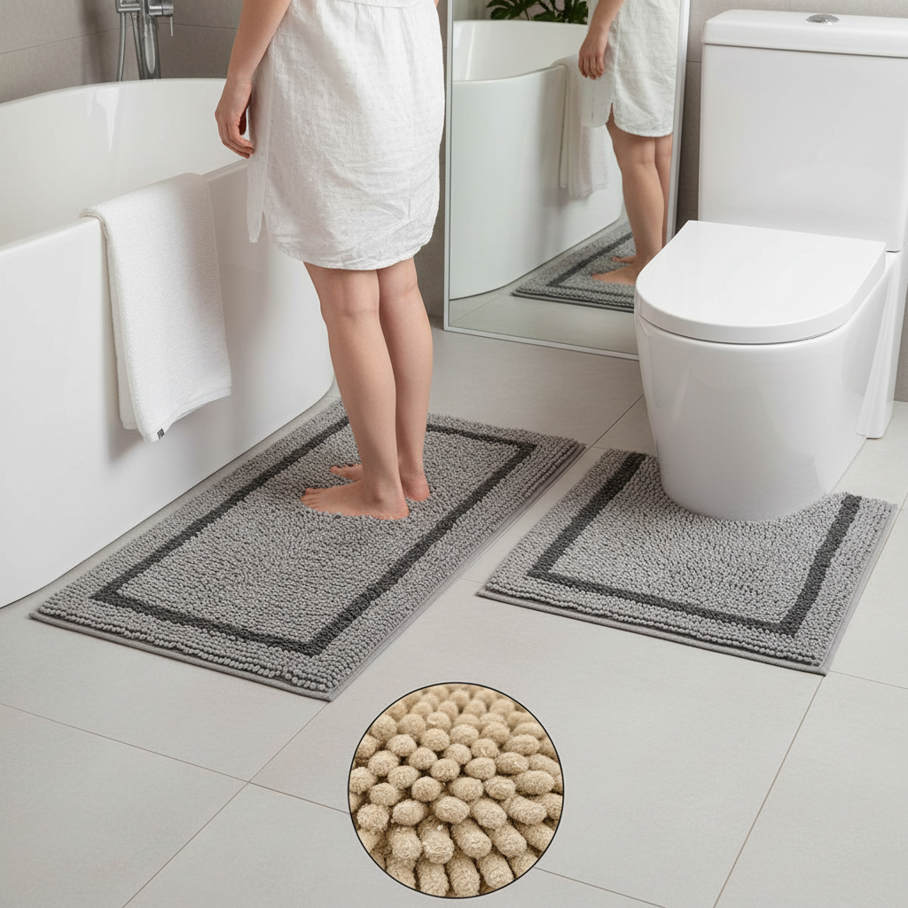 Premium 2-Piece Non-Slip Grey Bathroom Mat Set - Ultra Fluffy, Absorbent Chenille with Washable U-Shape and Rectangular Design