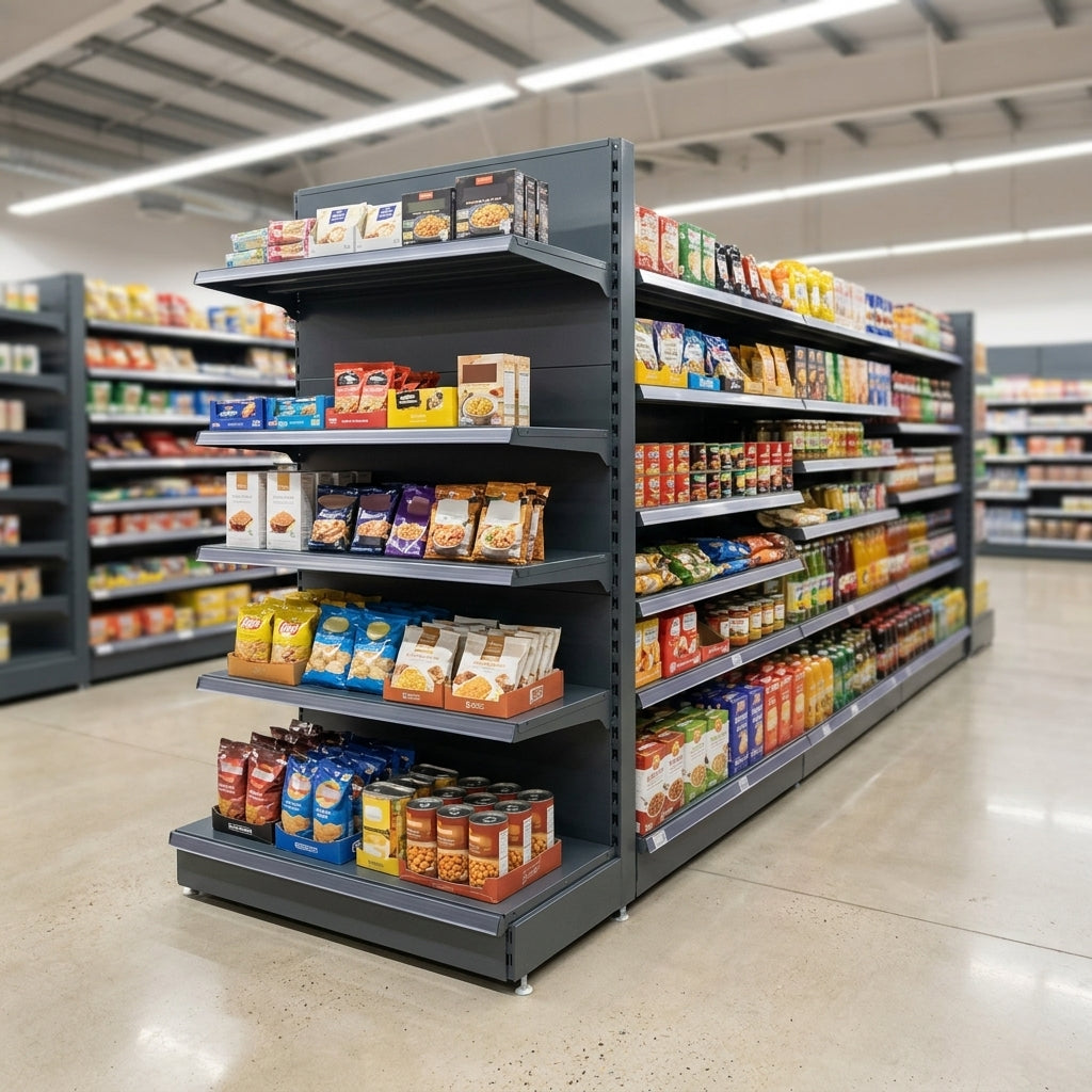 1.8m double-sided gondola bay with 570mm base shelf, 470mm uppers