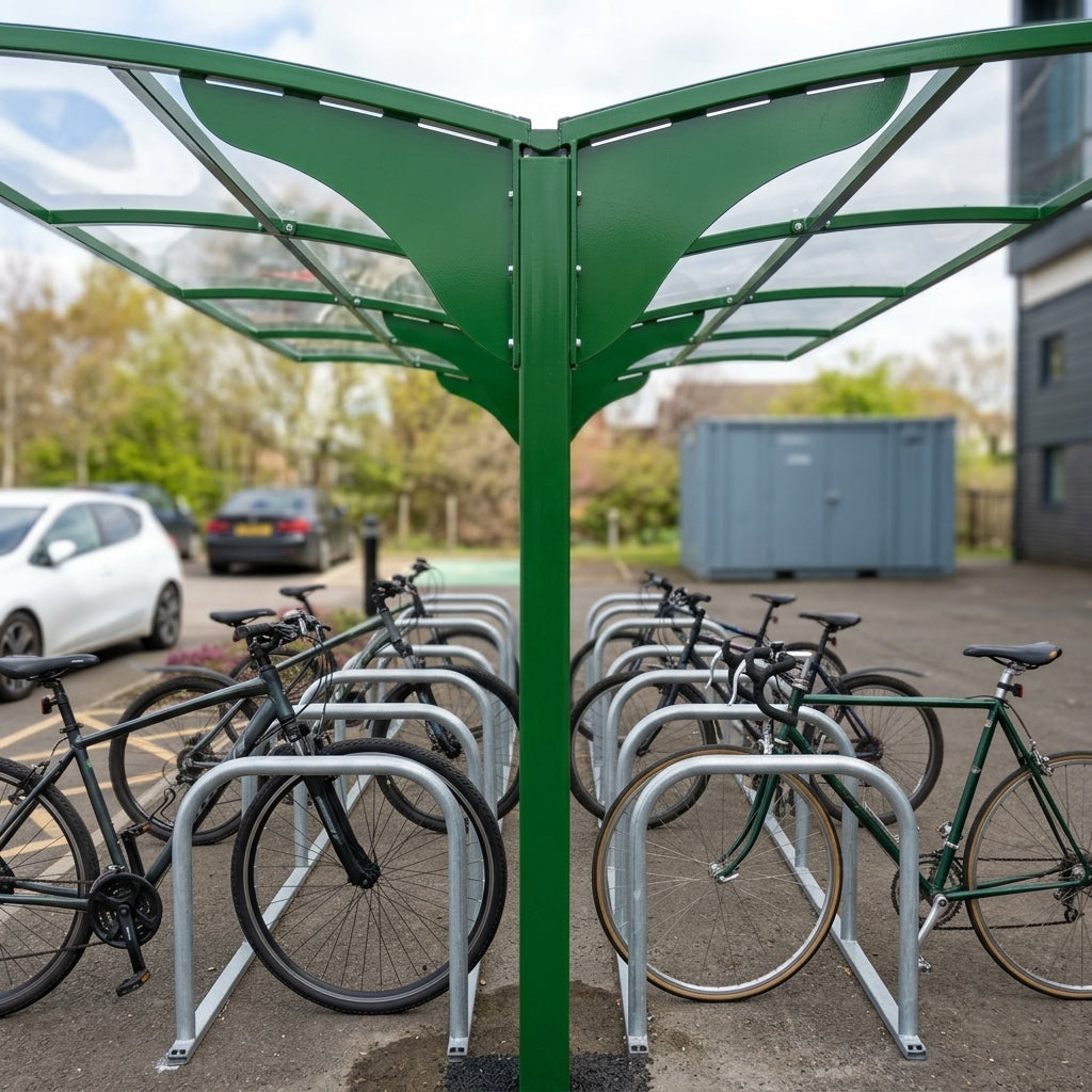 10-cycle shelter with steel framework and UV-protected roof (view 2)