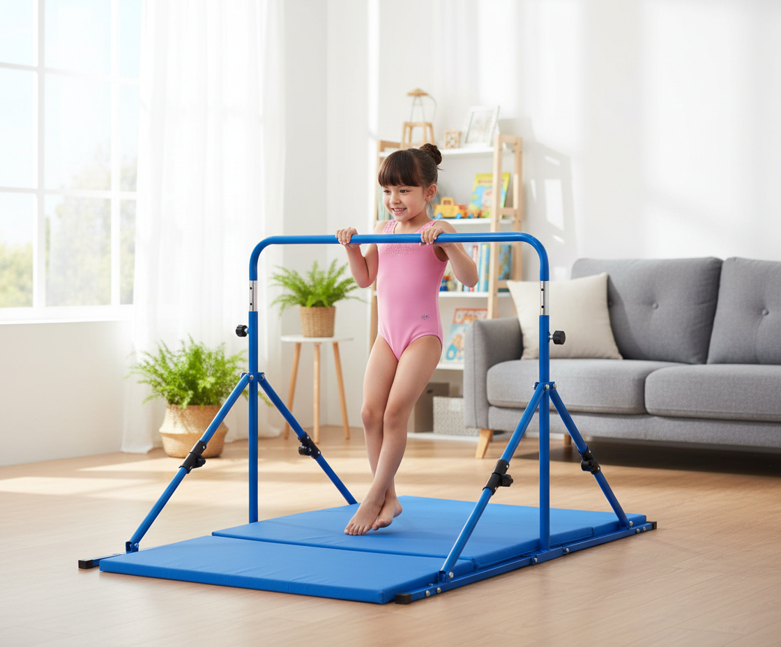 Premium Folding Junior Gymnastics Bars - Adjustable 84cm to 125cm with Free Tumble Mat in Pink, Green, or Blue