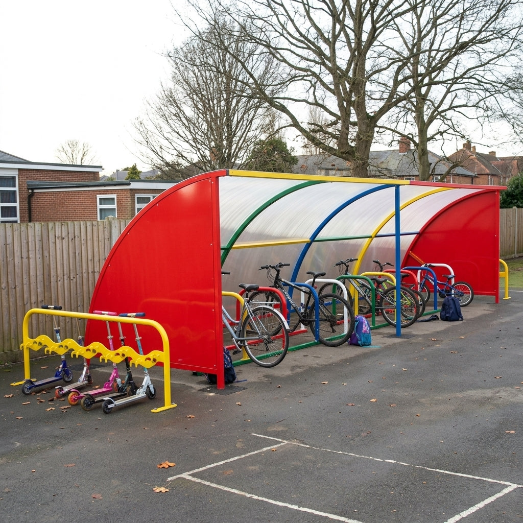 20-bike cycle shelter with scooter rack, 8.15m × 2.1m