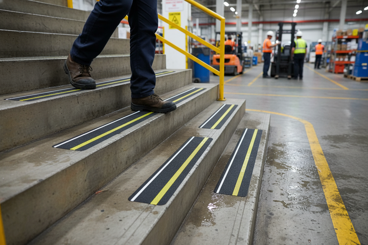 Premium Anti-Slip Pre-Cut Tile Tread with High-Visibility Yellow Stripe, 150mm x 610mm for Enhanced Safety in Low-Light Areas