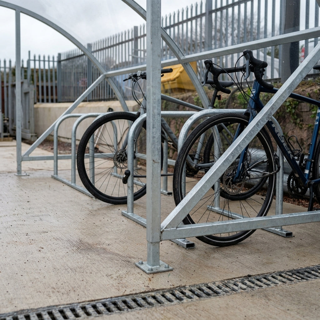 10-space cycle shelter with steel frame and UV2 PetG roof (view 2)