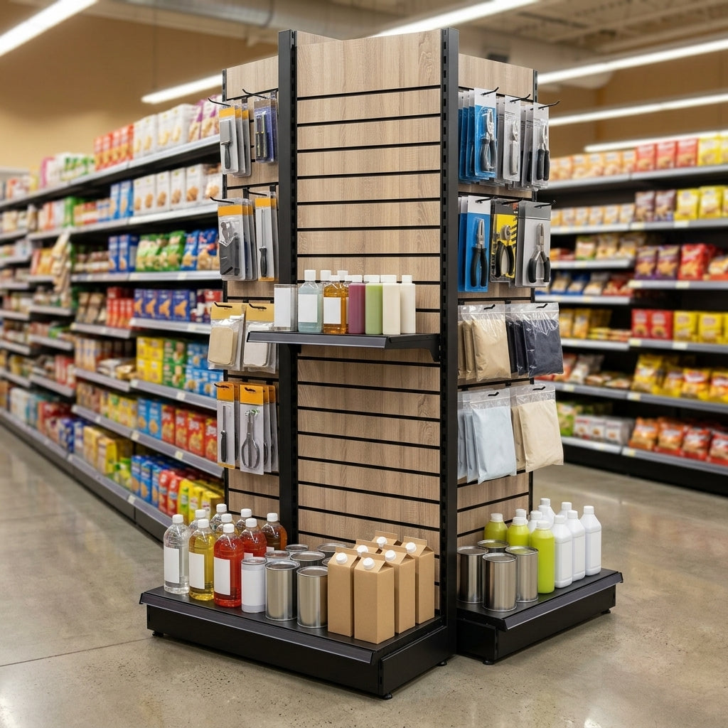 1.4m Wood Effect End Bay Display – 470mm Shelf, 500–1000mm Width